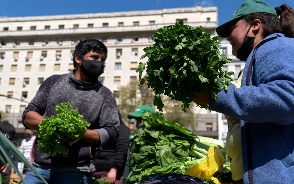 A photo of a man and a woman talking to each other. They are both holding bunches of green vegetables in their hands.