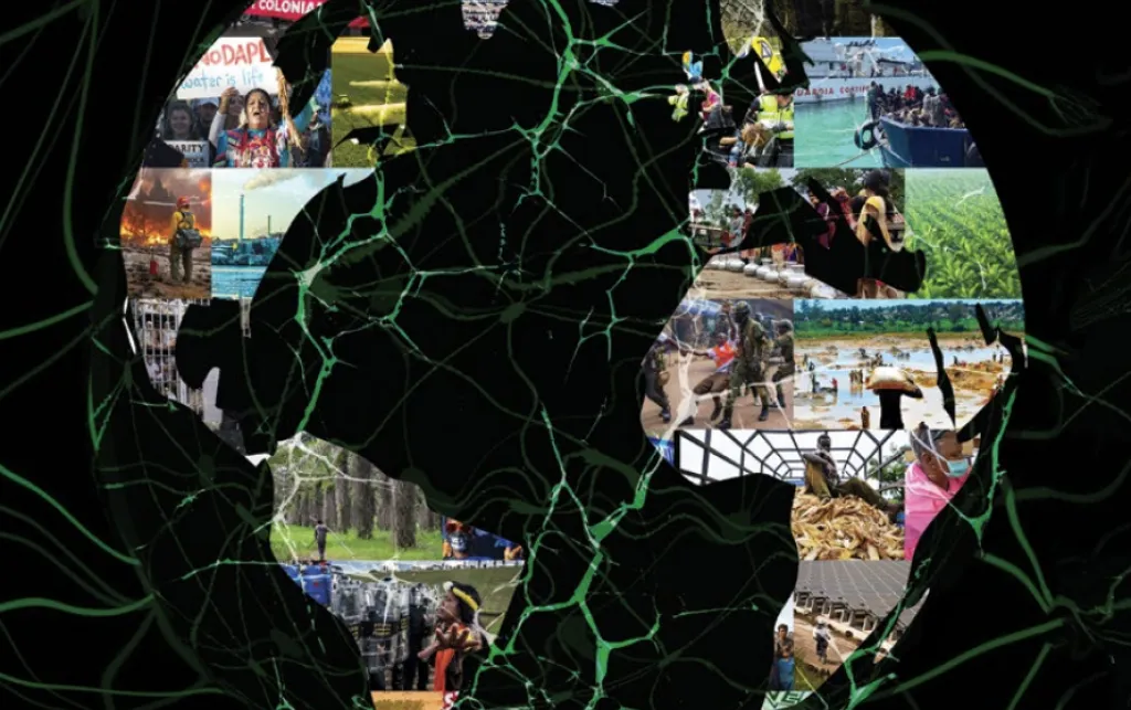 A graphic of a globe - inside the globe is a montage of different photographs.