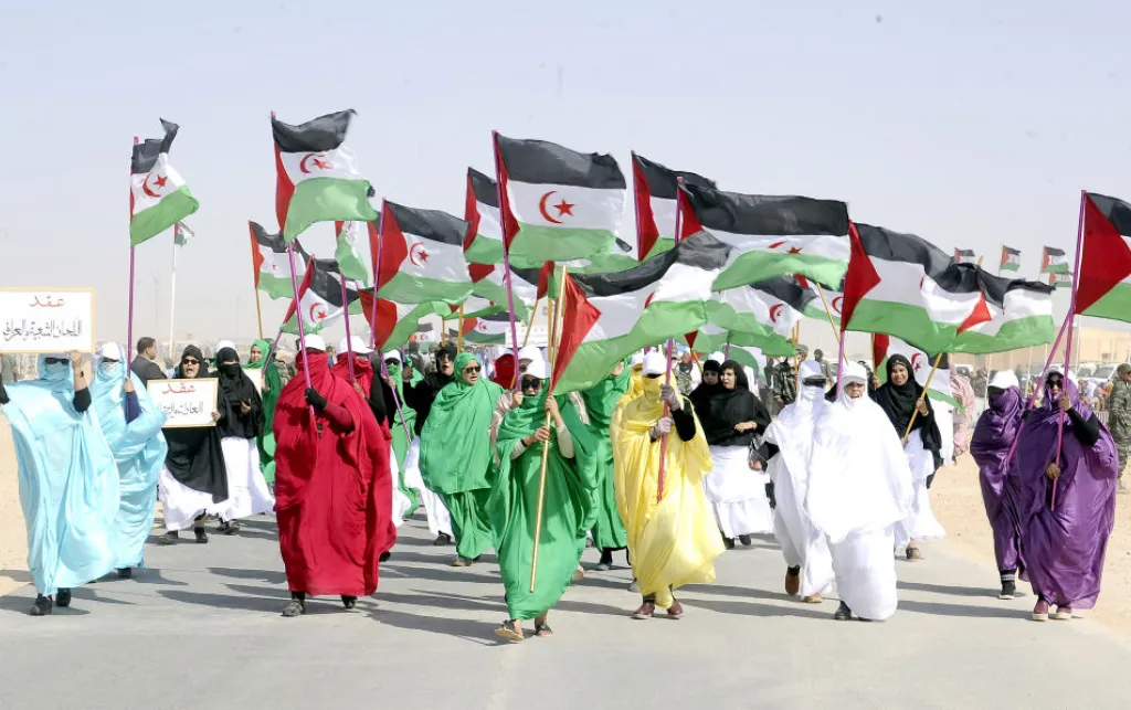 6 people hold Western Saharan flags at the front of a group of people